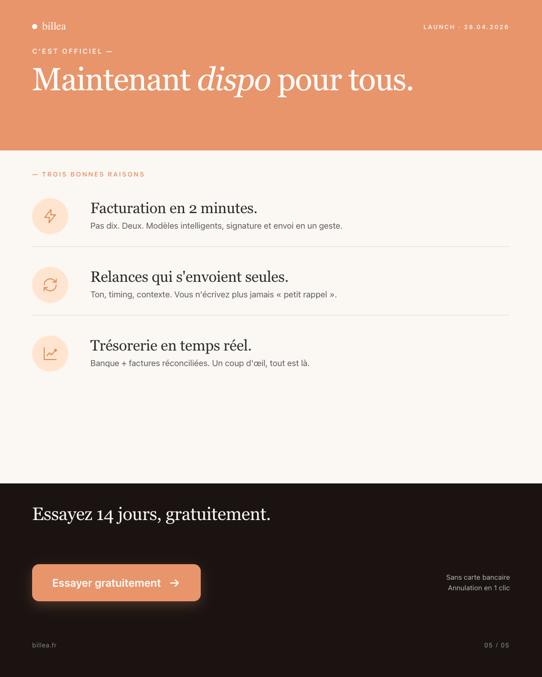 Billea · post LinkedIn 05 · lancement public