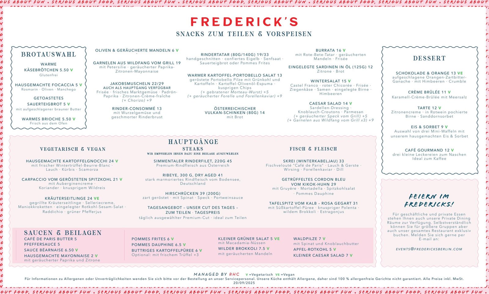 À la carte digital menu, German